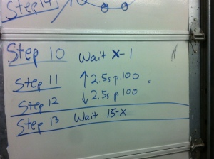 Each robot one at a time; notice the use of algebra in figuring out wait times.  X = the number of each student's robot.